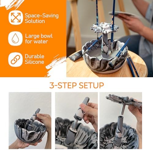 Paint Brush Cleaner - Silicone Brush Cleaner with Rinse Bowl | Upgraded 3-in-1 Paint Brush Holder and Cleaner Tool for Acrylic Painting | Best Painting Tool for Artists | Gift for Art Lovers