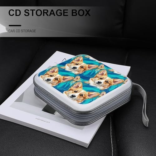Hard Plastic Protective CD Case Corgi, 40-Disc Capacity Storage Binder with Zipper, Portable Organizer for Home Office