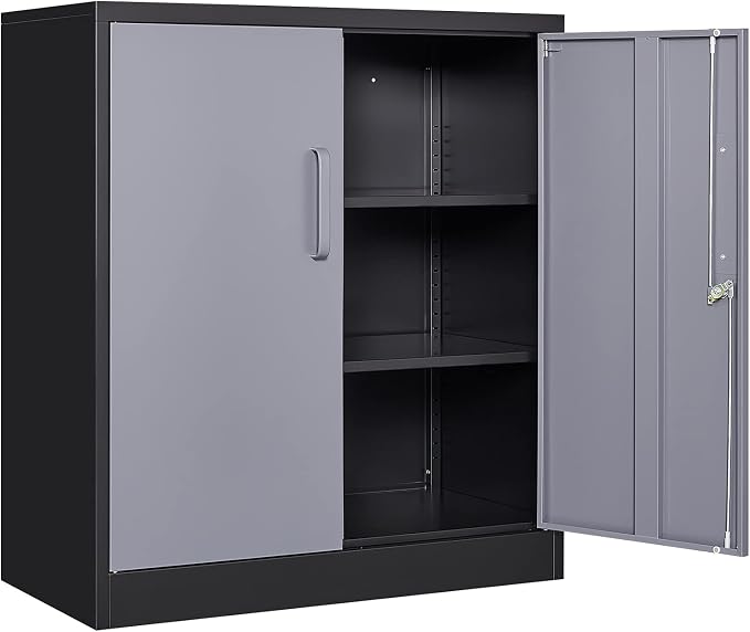 Metal Garage Storage Cabinet with 2 Doors and 2 Adjustable Shelves - 35.5" Steel Lockable File Cabinet for Home Office,Garage,Gym,School（Gray Black）