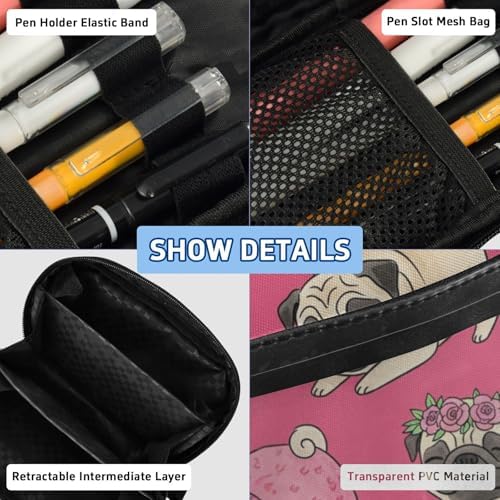 Cute Pets Pugs Pink pattern Large Capacity Pencil Case with Zipper Water Resistant Portable Organizer Pen Bag for School Students Office