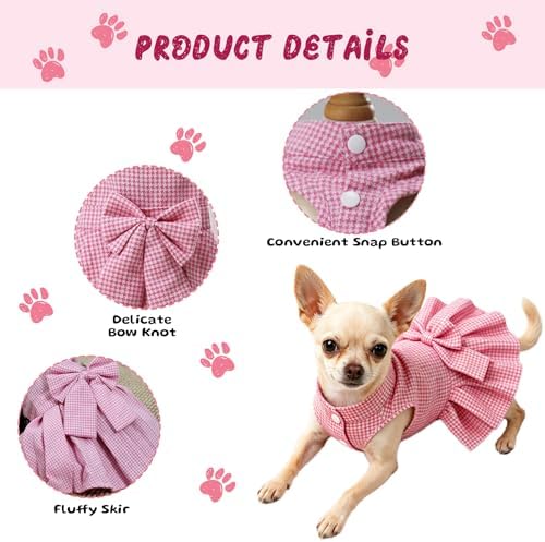 Classic Plaid Dog Dress with Bow Tie for Small Dogs Cats Girls, Cute Puppy Dresses Clothes with Bowknot Chihuahua French Bulldog Pet Apparel Outfits (Strawberry Pink, Small)