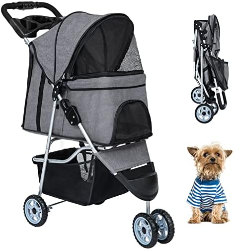 BestPet | 3-Wheel Foldable Pet Stroller | Grey | Lightweight & Portable | Travel Carrier with Mesh Windows, Storage Basket, Cup Holder, Safety Brakes, and Waterproof Fabric | For Small Dogs and Cats