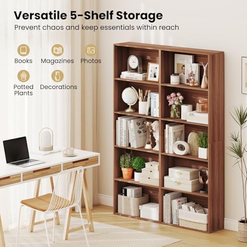 GIANTEX 5-Tier Bookshelf, Freestanding Bookcase with 5 Open Shelf, Modern Display Shelf, Storage Organizer for Living Room Bedroom Home Office, Walnut
