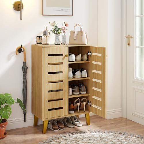 GIANTEX Shoe Cabinet with Doors, Modern Wooden Narrow Shoe Storage Cabinet | 4-Tier Freestanding Shoe Rack Cabinet with Ventilated Slatted Doors & Adjustable Shelves for Entryway, Hallway, Closet