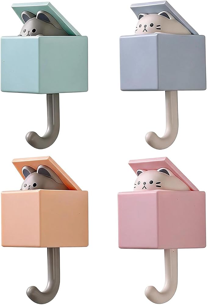 Adhesive Hooks - 4 Pieces Cute Funny Cat Space Saving Hanger Hooks | No-drill Self-adhesive Towel Hooks | Stick On Wall Hooks Animal Decor For Home Bathroom Bedroom Kitchen Living Room Dorm