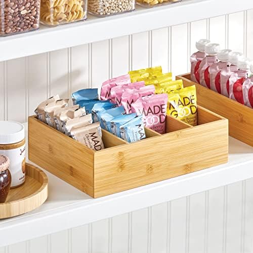 mDesign Bamboo Wood Food Storage Organizer Box, 4 Section, Divided Compartment Bin; Container for Kitchen, Pantry; Holder for Spices, Snacks, Tea, Coffee Cup - Echo Collection - 2 Pack - Natural