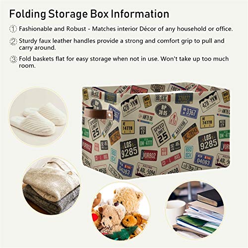 SEULIFE Vintage Car Number Plates Foldable Storage Basket, Large Collapsible Organizer Storage Bin Cube Toys Storage Boxes with Handles for Bathroom Kids Nursery Closet Storage, 2 Pack