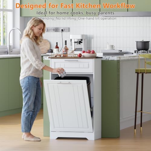 Single 10 Gallon Tilt Out Trash Can Cabinet with Deodorizing Function, Wooden Hidden Garbage Can Holder with Storage Drawers for Kitchen and Dining Room, Laundry Hamper Cabinet for Bathroom, White