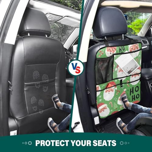 2 Pack Back Seat Car Organizer with Storage Pockets Kick Mats Back Seat Protector Hanging Car Organizer Automotive Seat Back Cover Organizers Bright Green Christmas Santa Claus