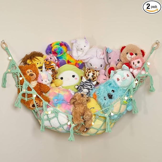 Stuffed Animal Storage Macrame Hammock w/String Lights - Large, 2 Pack - Boho Decor Toy Storage - Corner Hanging Plushie Stuffed Animal Net Organizer (Mint)