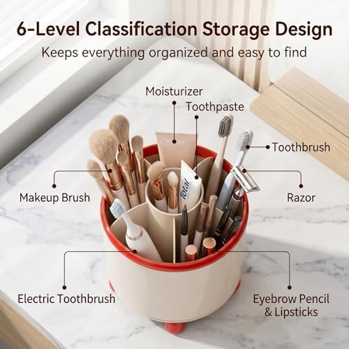 360°Rotating Toothbrush Holder with Cover, Dustproof Electric Toothbrush and Toothpaste Holder for Bathroom Countertop, 3 Slots Makeup Brush Organizer & Bathroom Storage (Red and White)