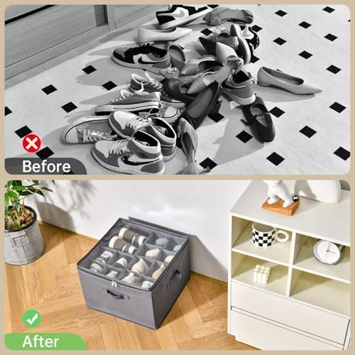 INSTY 2 Pack Shoe Organizer for Closet, Fits up to 32 Pairs, Adjustable Dividers for Shoe Storage, Fabric Shoe Storage Bins with Clear Cover, Grey