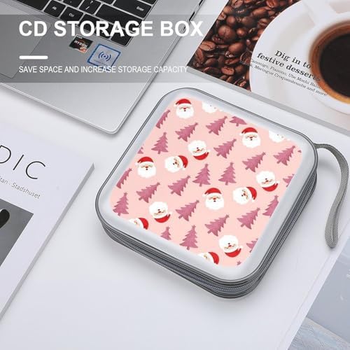 Portable Protective CD Holder Cute Santa Claus Pink Tree Snowflake Christmas, 40-Disc Hard Case with Zipper, Storage Binder for Music Movies Game Collections