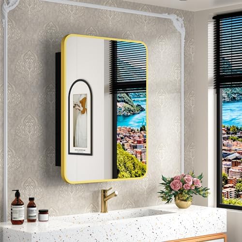 ACEMIRO 20x28 Inch Gold Recessed Medicine Cabinet with Mirror Metal Framed Surface Wall Mounted Bathroom Medicine Cabinet Mirror with Storage