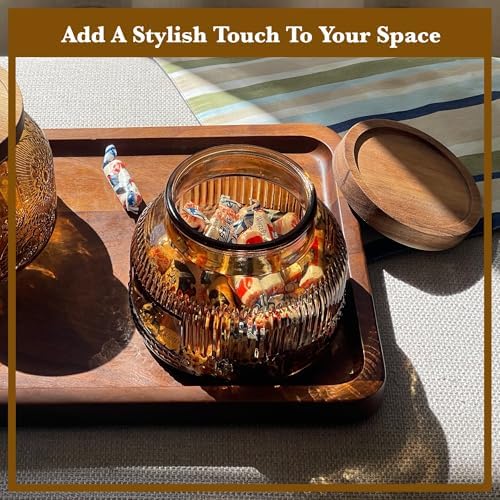 Decorative Amber Ribbed Glass Jar with Airtight Wooden Lid, 25.4 fl. oz | Wide mouth vintage storage canister, kitchen pantry bathroom organization, coffee sugar tea cookie candy candle vase gift