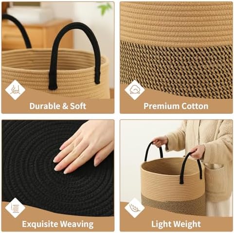 Laundry Basket Hamper Tall Rope Storage Woven for Blanket toys Dirty Clothes in Living Room Bathroom Bedroom (Jute Brown & Black, 100L/26.4Gal)