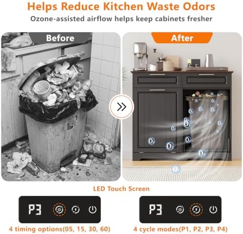 Double 10 Gallon Tilt Out Trash Can Cabinet with Deodorizing Function and Power Outlet, Wooden Hidden Garbage Can Holder with 2 Storage Drawers for Kitchen, Laundry Hamper Cabinet for Bathroom, Black