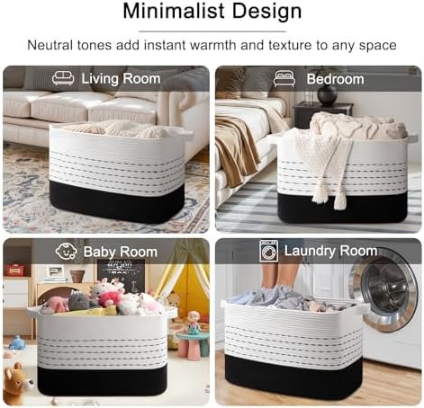OIAHOMY 108L Extra Large Blanket Basket, 25”x16”x16” Rectangle Woven Cotton Rope Baskets for Living Room, Toy Storage with Handle- Gradient Black