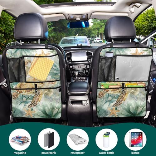 2 Pack Back Seat Car Organizer with Storage Pockets Kick Mats Back Seat Protector Hanging Car Organizer Automotive Seat Back Cover Organizers Sea Turtle Starfish Plants