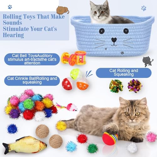 Zopeal 58 Pcs Summer Cat Storage Basket Gift Toys Set, Colorful Flashing Balls Pet Bell Crinkle Balls Spring Toys Attract Cat to Swat, Hunt, Interactive for Pet(Light Blue,9.8 Inch)