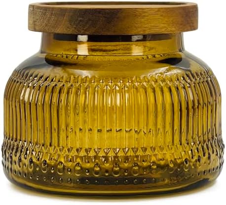 Decorative Amber Ribbed Glass Jar with Airtight Wooden Lid, 40 fl. oz | Wide mouth vintage storage canister, kitchen pantry bathroom organization, coffee sugar tea cookie candy candle vase gift