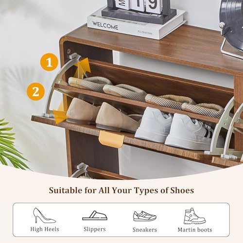 ORRD Shoe Storage Cabinet for Entryway with 4 Flip Drawers, Freestanding Narrow Wood Shoe Cabinet with Wave Panel, Hidden Shoe Organizer for Foyer, Hallway (Walnut)