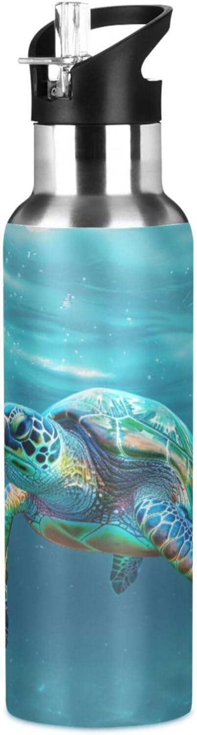 Turtle Teal Underwater Water Bottle with Straw Lid Kids Insulated Stainless Steel Water Flask Sports, 20 Oz Hot Cold