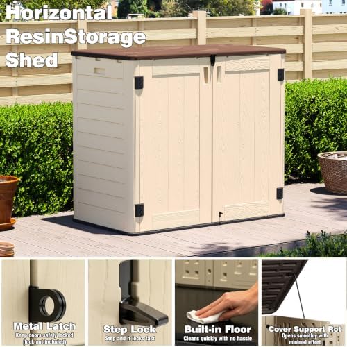 Horizontal Resin Storage Cabinet for Garage, 31 Cuft Waterproof Thickened Outdoor Resin Storage Shed with Floor & Lockable Double Doors for Patio, Garden and Trash Can, Khaki