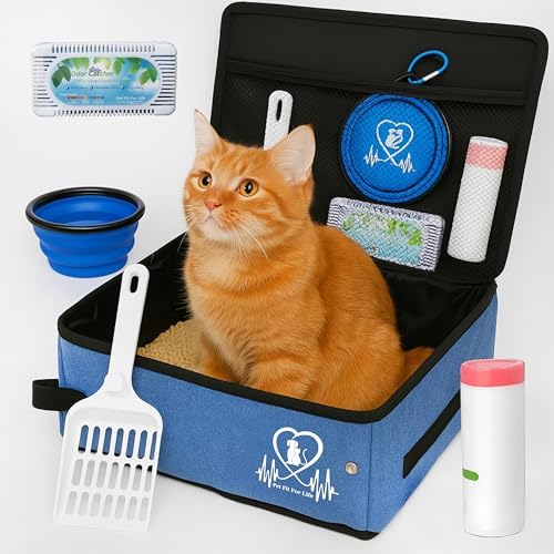 Pet Fit for Life Portable Litter Box for Cats for Travel - Medium, Includes Zippered Cover, Liner Bags, Odor Catcher, Litter Scooper, Collapsible Water/Food Bowl, and Folds for Easy Travel and Storage