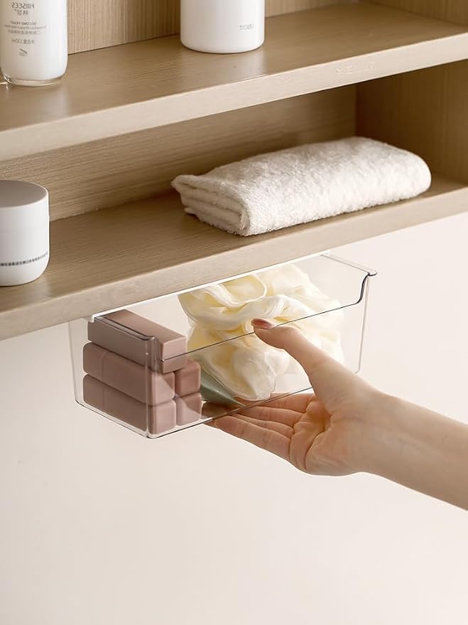Medicine Cabinet Organizer Wall Mount,Small Pull-Out Organizer Box,Self-adhesive Under Medicine Cabinet Drawer Holder,Make Up Storage for Bathroom Mirror Cabinets, Clear