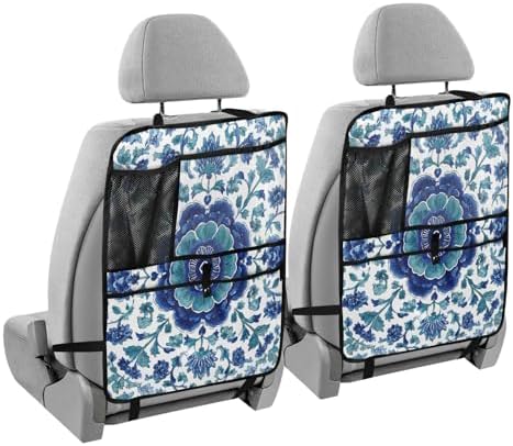 1 Pack Back Seat Car Organizer with Storage Pockets Kick Mats Back Seat Protector Hanging Car Organizer Automotive Seat Back Cover Organizers Floral Blue and White Vine