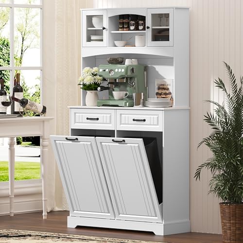 Double 13 Gallon Tilt Out Trash Can Cabinet with Deodorizing Function and Power Outlet, 71" Tall Wooden Garbage Can Holder Cabinet with 2 Storage Hutch & 2 Drawers for Kitchen and Dining Room, White