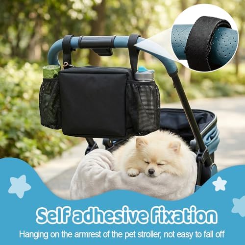 Dog Stroller Caddy Bag, Pet Stroller Storage Pouch with Cup Holder and Waste Bag Outlet, Large Capacity Hanging Organizer for Cats Dogs Outdoor Travel