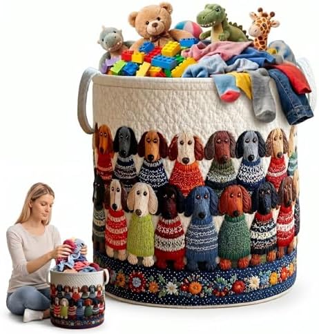 Dachshund Dog Laundry Basket Quilted Clothes Hamper Blue Floral Border Toy Storage Bin Canvas Puppy Theme Blanket Organizer Bag(14"x 18")