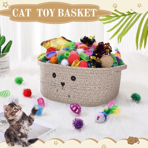 Zopeal 58 Pcs Summer Cat Storage Basket Gift Toys Set, Colorful Flashing Balls Pet Bell Crinkle Balls Spring Toys Attract Cat to Swat, Hunt, Interactive for Pet(Dark Brown,12 Inch)