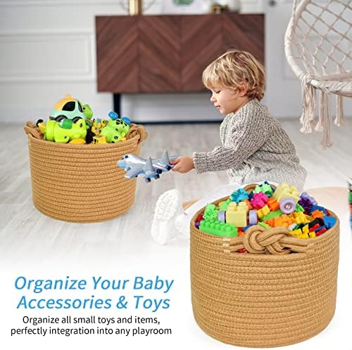 ABenkle Small Woven Basket, Cotton Rope Shelf Storage Basket, Small Round Basket, Cute Basket, Decorative Round Bin for Nursery Bedroom Bathroom, 9.4" x 9.4"x 7.1" Empty Gift Basket- Brown