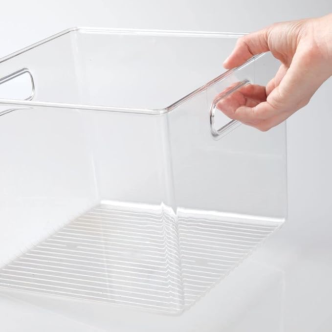 mDesign Plastic Modern Storage Organizer Bin Basket with Handles for Bathroom Organization - Shelf, Cubby, Cabinet, Vanity, and Closet Organizing Decor - Ligne Collection - Clear
