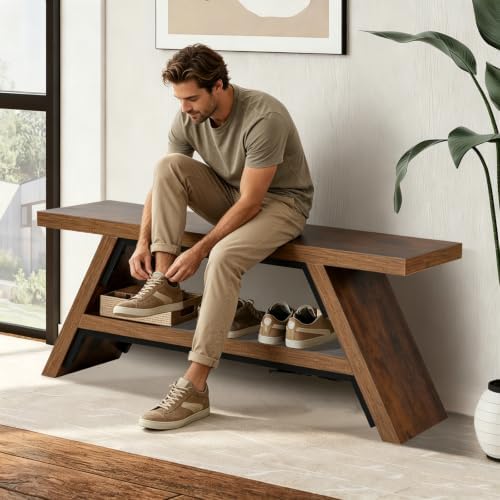 2-Tier Shoe Storage Bench, 47" Solid Wood Entryway Stool Storage | Narrow Shoes Racks for Entryway, Minimalist Multi-Purpose Bench for Hallway, Kitchen, Bedroom, or Dining Room