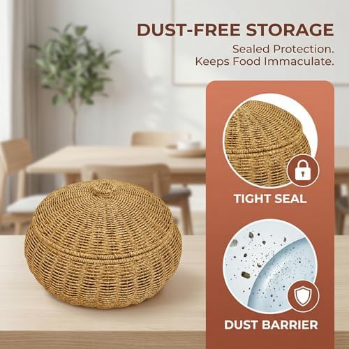 Round Rattan Boxes with Lid, Natural Woven Storage Basket Bin with Cover, Weaving Decorative Shelf Basket Snacks Tea Set Storage Box-13.78x13.78x8.27inch