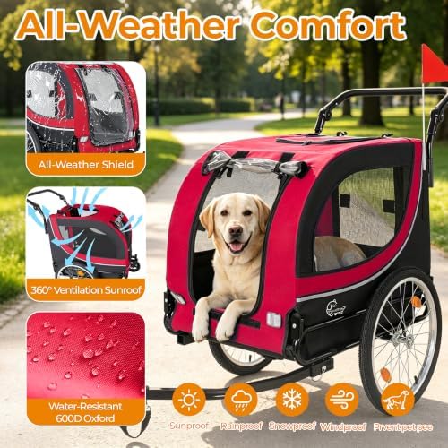2-in-1 Pet Bike Trailer & Dog Stroller for Ebikes, Heavy-Duty Foldable | Heavy-duty powder-coated steel frame supports up to 100 lbs. 600D Oxford fabric is tear-resistant and sun-protective. Co