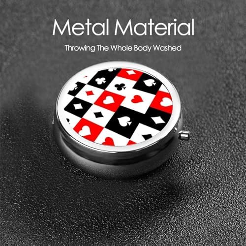 Travel Pill Organizer, Small Round Case with Mirror, Portable Pill Box for Fish Oil Vitamins, Pocket Purse Carry for Commuters, Checkered Suits Hearts Diamonds Clubs Spades Poker Playing Cards