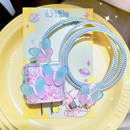 Compatible with iPhone 18W/20W Charger Cover Cute Color Butterfly Design DIY Soft Charger Cord Protector Bling 3D Butterflies Cable Saver for iPhone 13 14 15 16 Pro Max Charger Adapter