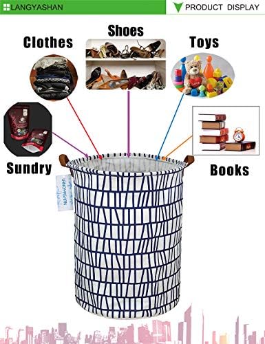 Round Laundry Basket Collapsible Storage Hamper Organizer Blue Stripes | Waterproof Canvas Foldable Baskets with sturdy Handles Multi-scene Organizer for Home Play Bedroom Gift Bin