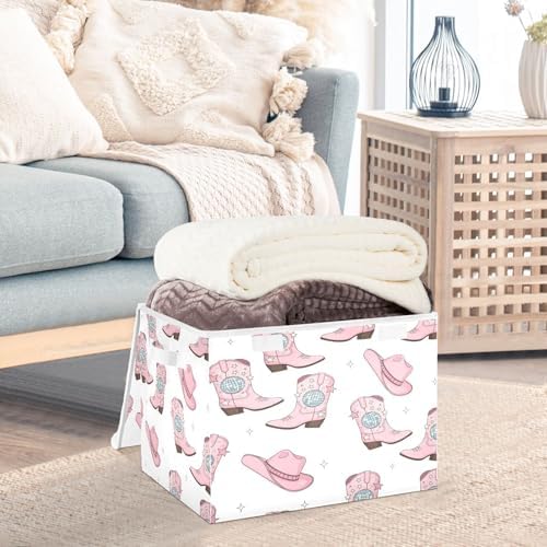 Pink Cowgirl Boots and Hats Storage Bins with Lids Foldable Storage Basket with Handles Collapsible Large Fabric Organizer Containers for Clothes Shelves Closet Office Home