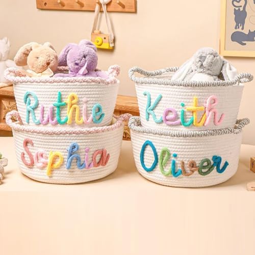 Personalized Baby Name Basket Custom Easter Cotton Rope Diaper Caddy & Nursery Storage Organizer Bin for Baby Birthday Shower Gift, Newborn Essentials, Kids' Bedroom Bathroom Decor (Style E)