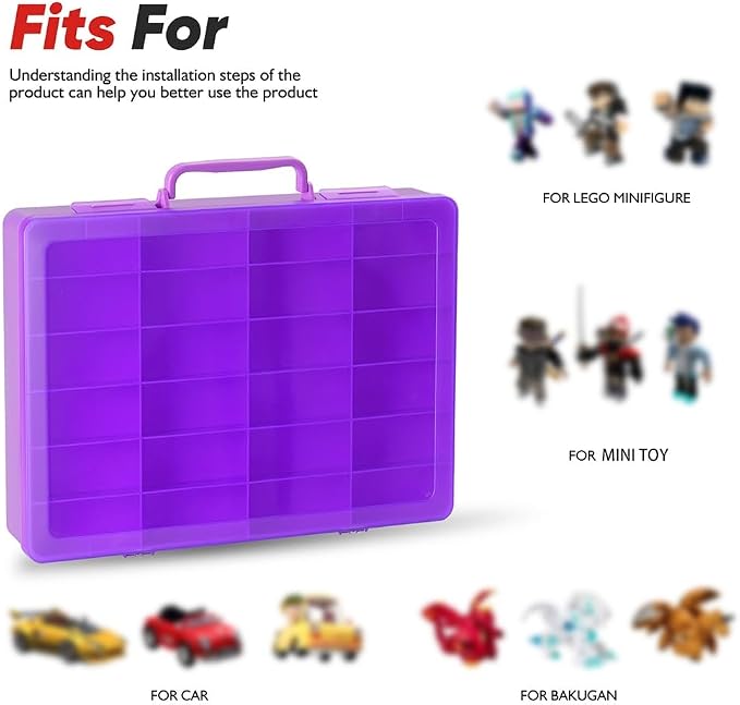 Toy Storage Organizer Case for Hot Wheels Car, for Matchbox Cars, for Mini Toys, for Small Dolls. Carrying Box Container Carrier with 24 Compartments (Box Only) (Purple)