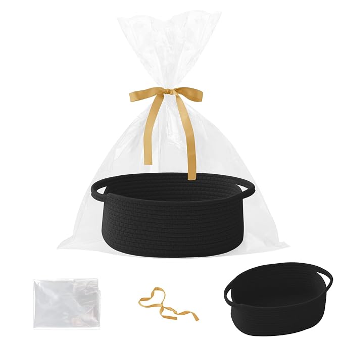 Black Woven Rope Basket - Baby Gift Basket with Bag & Ribbon | Cotton rope with handle, 12x8x5 in, gift bag and ribbon, for baby shower, birthday, toy storage, nursery, shelf decor