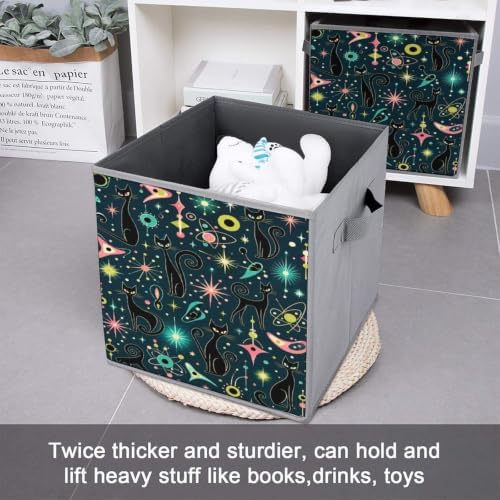 Black Cats Space Star Storage Bin with Handles, Oxford Fabric Foldable Storage Cube Organizer for Clothes, Towels, Bedroom, Living Room, Home Organization