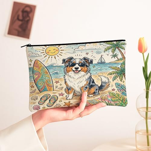 Cute Australian Shepherd Dog Makeup Bag, Coastal Beach Shells Cosmetic Travel Pouch for Women Girls, Pet Portable Small Canvas Zipper Organizer 7x9 Inch