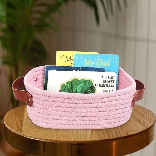 ABenkle Small Storage Basket, Mini Rope Woven Baskets, Cute Shelf Closet Storage Organizer, Boho Decorative Toy Bin for Nursery, Living Room, Spa, Empty Gift Basket - XS, Pink